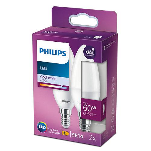 2 Becuri LED Philips B38, EyeComfort, E14, 7W (60W), 806 lm,luminaneutra (4000K), mat