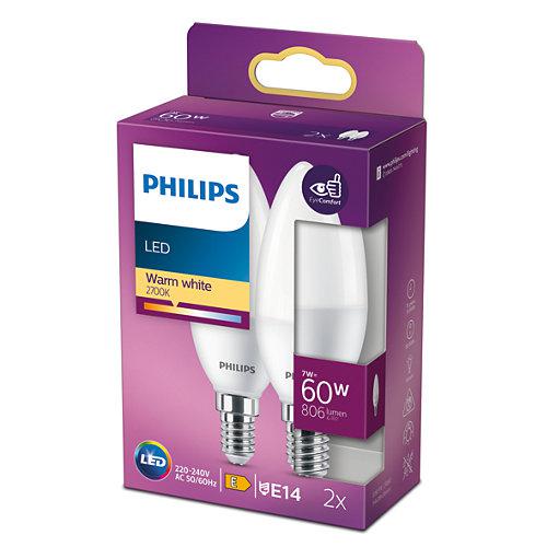 2 Becuri LED Philips B38, EyeComfort, E14, 7W (60W), 806 lm, luminacalda (2700K), mat