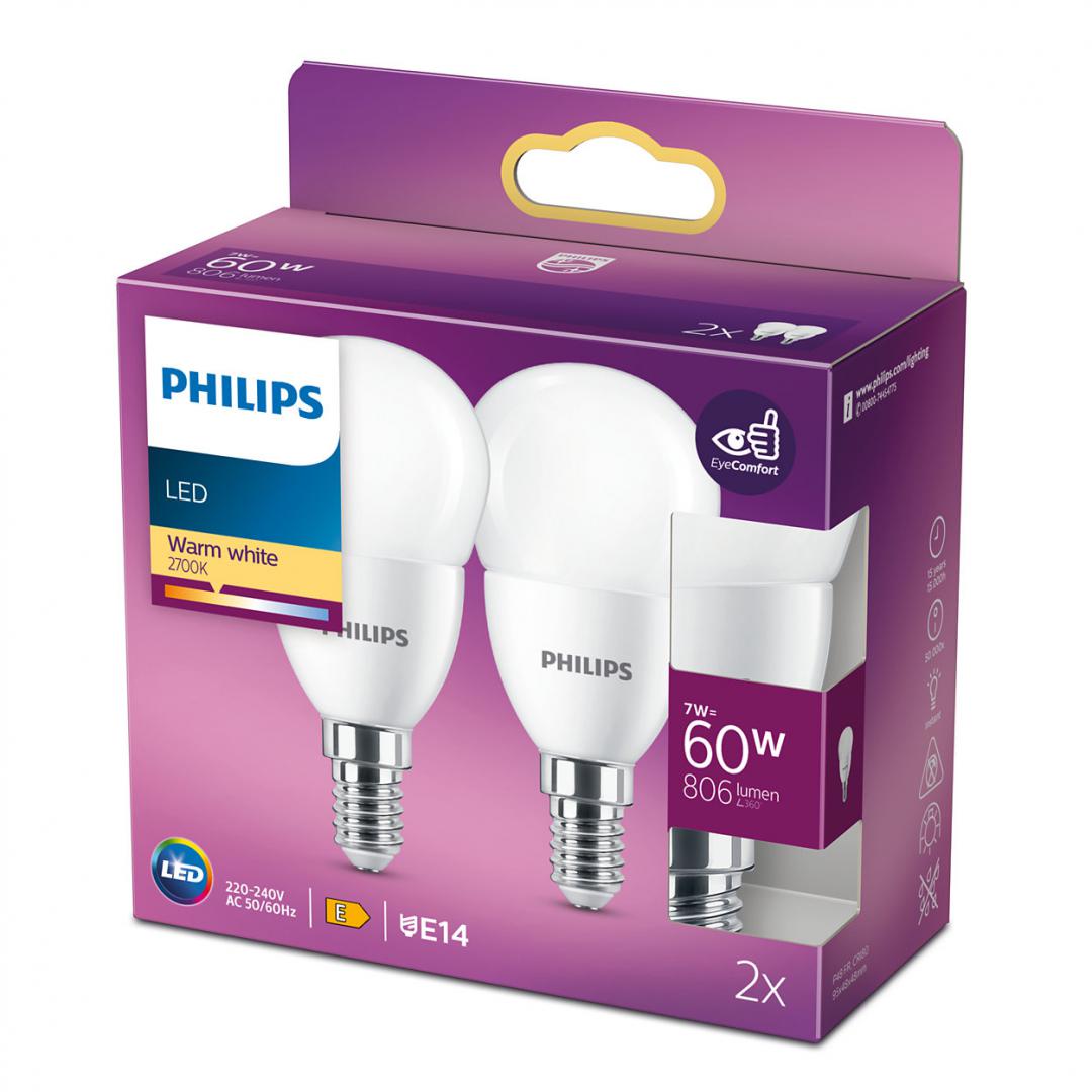 2 Becuri LED Philips P48, EyeComfort, E14, 7W (60W), 806 lm, luminacalda(2700K), mat