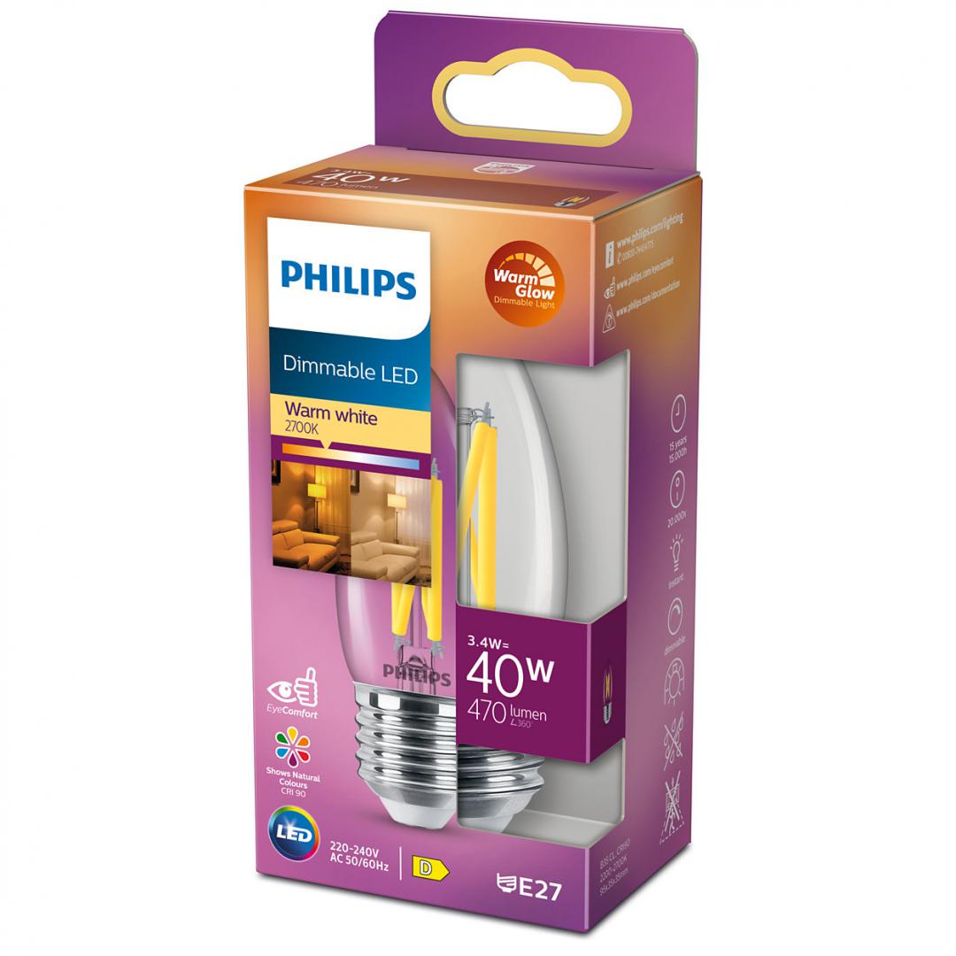 Bec LED Philips Classic B35, EyeComfort, E27, 3.4W (40W), 470 lm, luminacalda (2700K), dimabil, cu filament