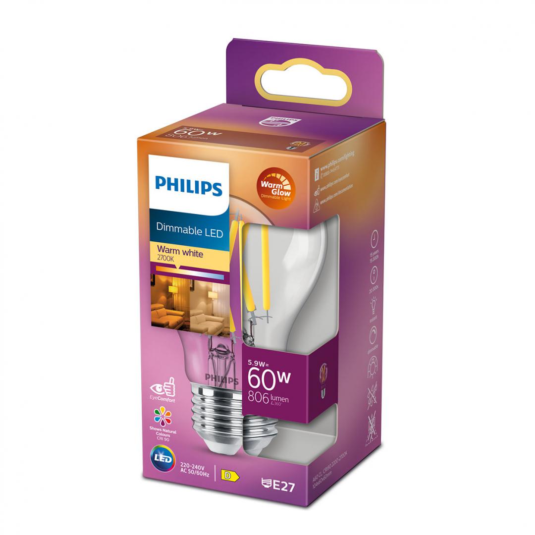 Bec LED Philips Classic A60, EyeComfort, E27, 5.9W (60W), 806 lm ,luminacalda (2200-2700K), dimabil, cu filament