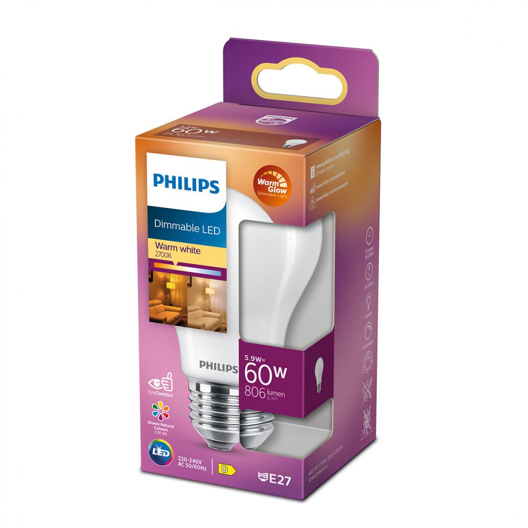 Bec LED Philips Classic A60, EyeComfort, E27, 5.9W (60W), 806 lm ,luminacalda (2200-2700K), dimabil, mat