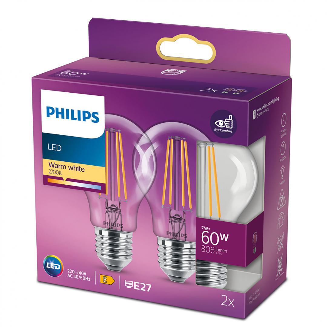 2 Becuri LED Philips Classic A60, EyeComfort, E27, 7W (60W), 806 lm ,lumina calda (2700K), cu filament