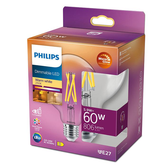 Bec LED Philips Classic G93, EyeComfort, E27, 5.9W(60W), 806 lm ,luminacalda (2200-2700K), dimabil, cu filament