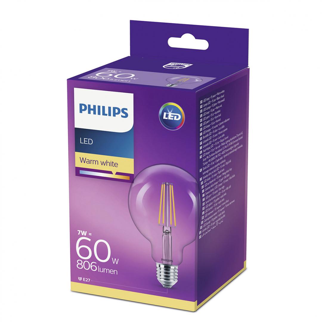 Bec LED Philips Classic G93, EyeComfort, E27, 7W (60W), 806 lm, luminacalda (2700K), cu filament, 14x9.5cm