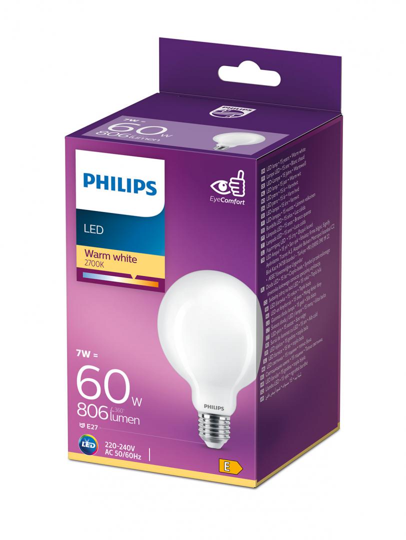 Bec LED Philips Classic G93, EyeComfort, E27, 7W (60W), 806 lm ,luminacalda (2700K), mat