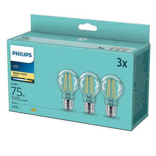 3 Becuri LED Philips Classic A60, E27, 8.5W (75W), 1055 lm, luminacalda(2700K), cu filament