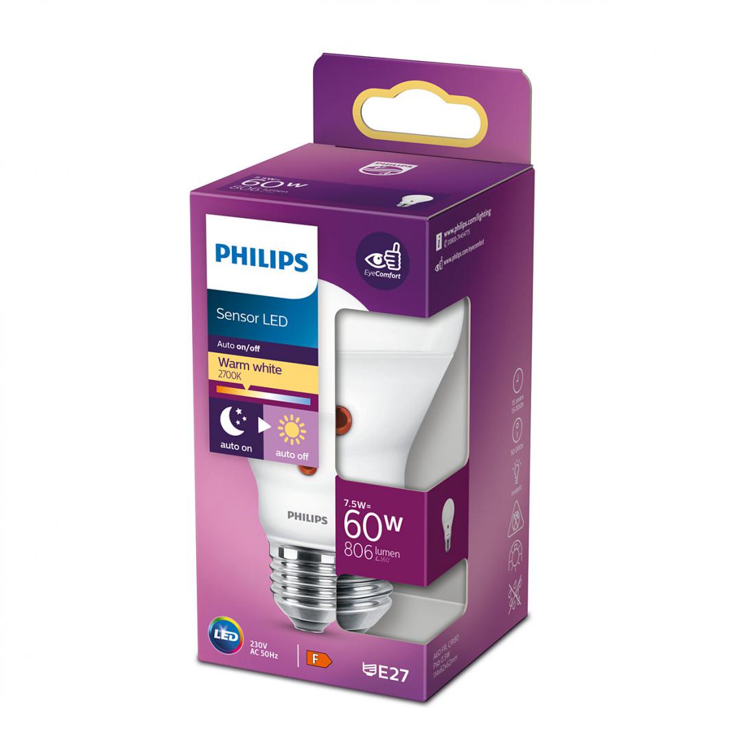 Bec LED cu senzor de lumina Philips A60, EyeComfort, E27, 7.5W (60W) ,806lm, lumina calda (2700K), mat