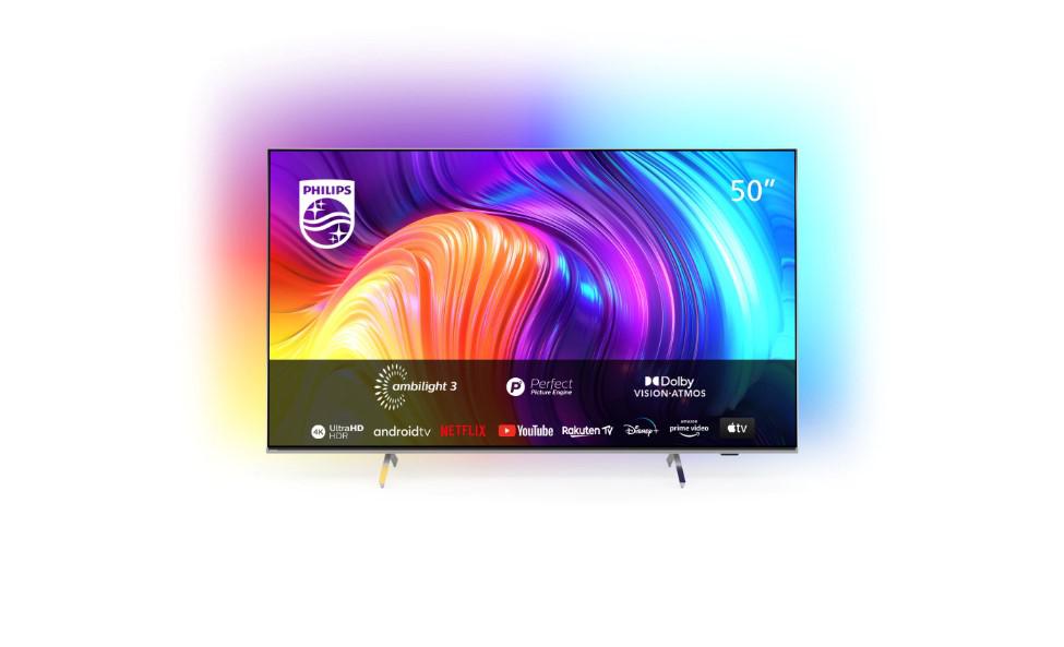 Smart TV Philips Ambilight 50PUS8507/12 (Model 2022) 50"(126CM), LED 4K, Silver, Flat, Android TV, Mirroring iOS/Android, Procesor P5 Perfect Picture, HDR10+/HLG/Dolby Vision, 60 Hz, DVB-T/T2/T2-HD/C/S/S2, 20 W, Wi-Fi Bluetooth, 1xJack 3.5 mm, 2xUSB, 1xRJ-45, CI+ slot, 4xHDMI, 1xDigital Optical Out