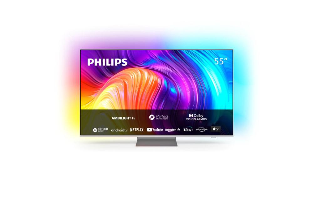Smart TV Philips Ambilight 55PUS8807/12 (Model 2022) 55"(139CM), LED 4K, Silver, Flat, Android TV, Mirroring iOS/Android, P5 picture engine-120 Hz, HDR10+/HLG/Dolby Vision, 120 Hz, DVB-T/T2/T2-HD/C/S/S2, 20 W, Wi-Fi Bluetooth, 1xJack 3.5 mm, 2xUSB, 1xRJ-45, CI+ slot, 4xHDMI, 1xDigital Optical