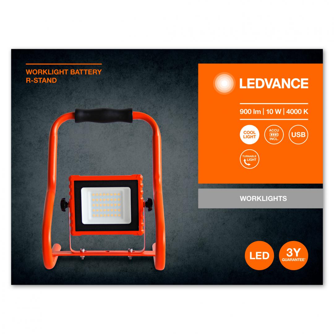 Proiector LED portabil (lampa de lucru) Ledvance Worklight Battery R- Stand, 10W, 5V, 900 lm, lumina neutra (4000K), IP44/IK05, baterie reincarcabila prin cablu USB -8h, autonomie ~4h, Orange