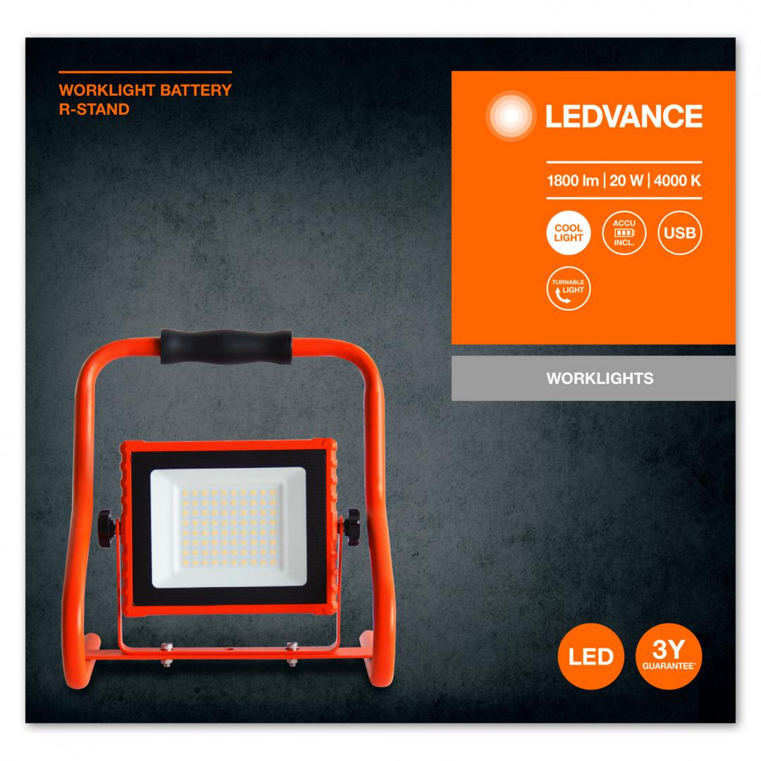 Proiector LED portabil (lampa de lucru) Ledvance Worklight Battery R- Stand, 20W, 5V, 1800 lm, lumina neutra (4000K), IP44/IK05, baterie reincarcabila prin cablu USB -8h, autonomie ~4h, Orange