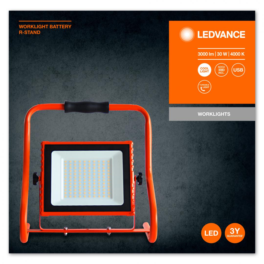 Proiector LED portabil (lampa de lucru) Ledvance Worklight Battery R- Stand, 30W, 5V, 3000 lm, lumina neutra (4000K), IP44/IK05, baterie reincarcabila prin cablu USB -8h, autonomie ~4h, Orange