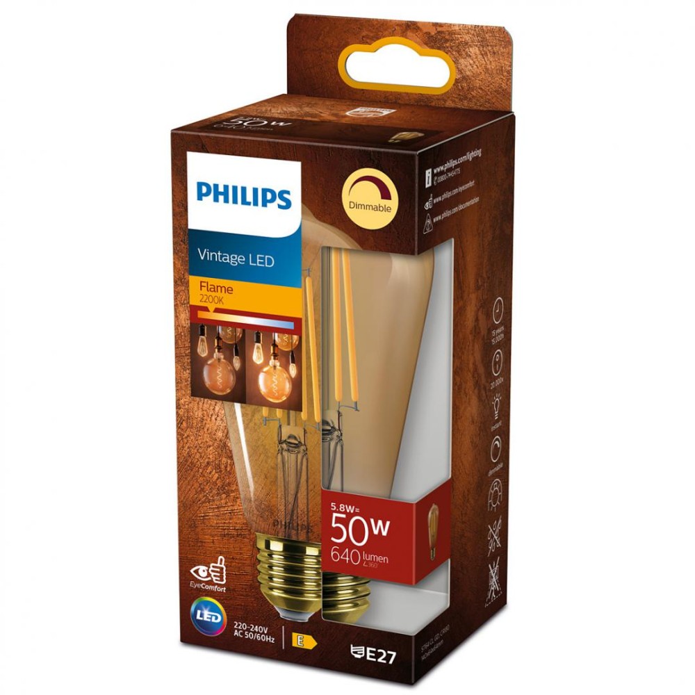 Bec LED vintage (decorativ) Philips Classic Gold Bulb ST64, EyeComfort, E27, 5.8W (50W), 640 lm, lumina calda (2200K), dimabil, cu filament