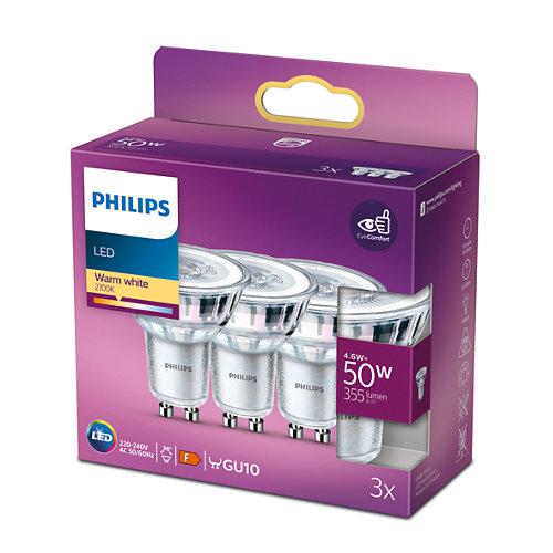 3 Becuri LED Philips Classic Spot, GU10, 4.6W (50W), 355 lm ,luminacalda(2700K)