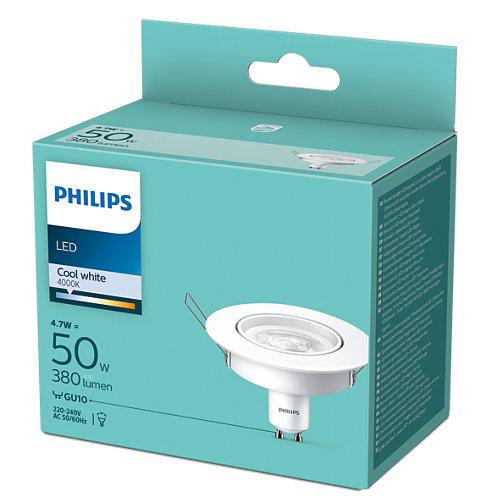 Bec LED spot Philips, GU10, 4.7W (50W), 380 lm, lumina neutra (4000K), 9cm, Alb