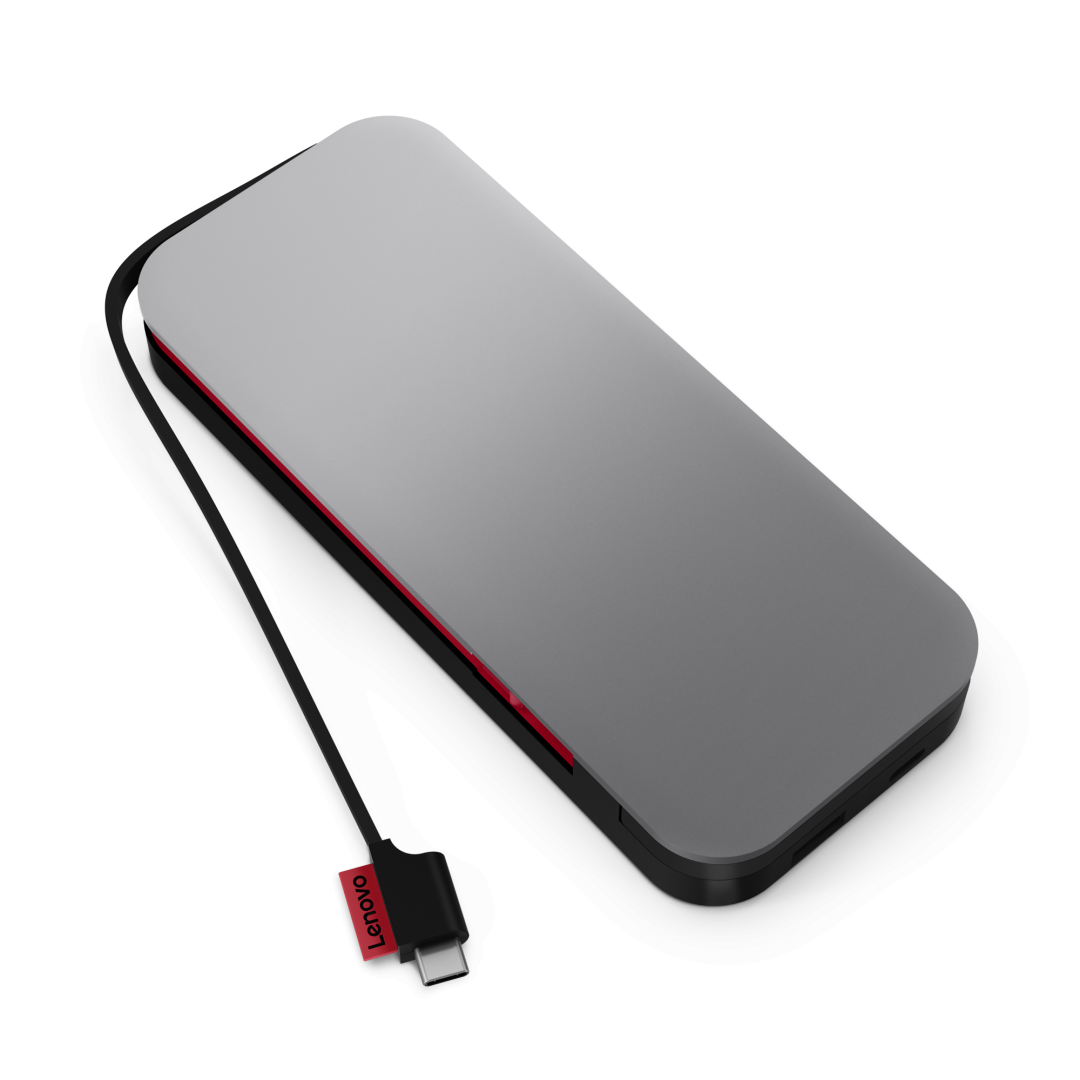 Lenovo Go USB-C Laptop Power Bank, 20,000mAh capacity, 65W max. output, Dual USB-C connection, 1 x USB-C port + 1 x USB-C integrated cable, USB- C charging support power-in and power-out, 1 x USB-A fast charging up to 18W, Fast charge with any USB-C adapter, fully charged in 3 hours, Simultaneously
