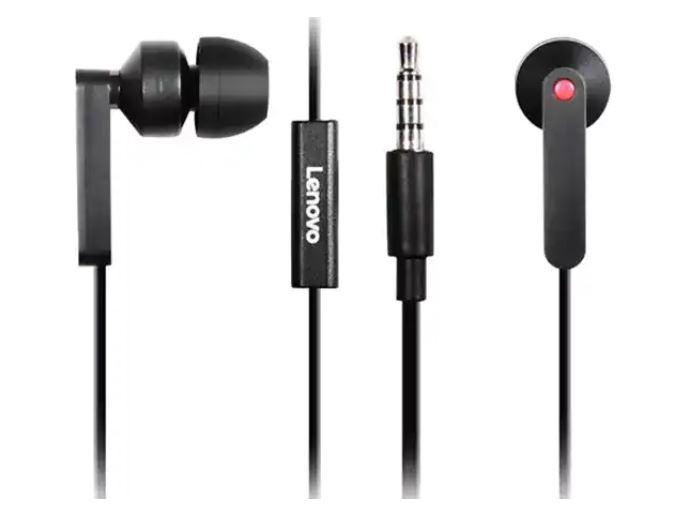 Lenovo In-Ear Headphones, In Ear fits comfortably inside the ear canal, with 3 silicon tips, Lightweight design allows user to carry with them, Product Weight: 0.02 kg, Sensitivity: 90 ± 3 dB / 1 mW @ 1 kHz, Impedance: 32 Ω, Frequency Range: 20 Hz - 20 KHz, Color: Black, Warranty Period: 1 Year