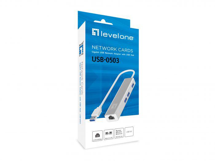 LevelOne USB-0503 Gigabit USB Network Adapter with USB Hub, 110 x 23.5 x 16.5 mm