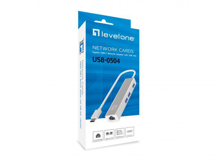 LevelOne USB-0504 Gigabit USB-C Network Adapter with USB Hub, 110 x 23.5 x 16.5 mm