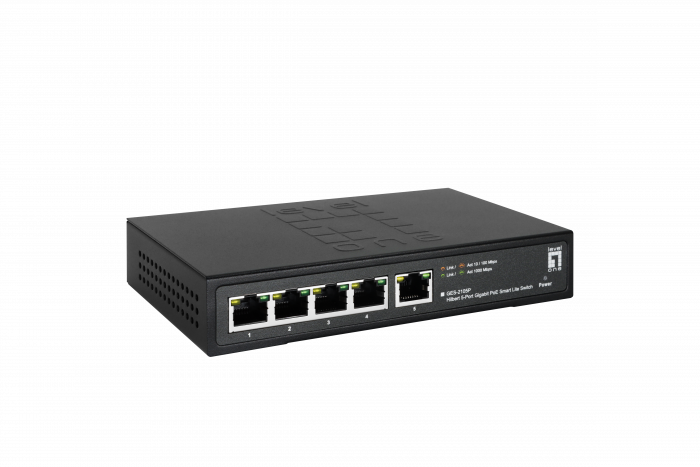 LevelOne GES-2105P Hilbert 5-Port Gigabit PoE Smart Lite Switch, 802.3at/af PoE,  4 PoE Outputs, 60W PoE Power Budget , 160 x 95 x 29 mm