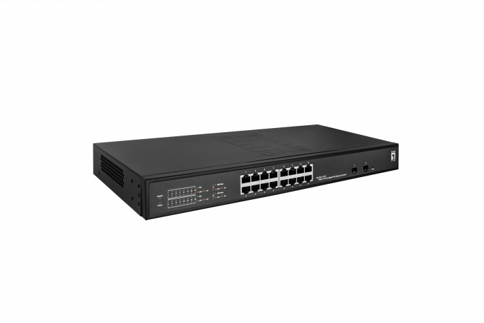 LevelOne GES-2118P Hilbert 18-Port Gigabit PoE Smart Lite Switch, 16 PoE Outputs, 2 x Gigabit SFP, 802.3at/af PoE, 230W PoE Power Budget, 440 x 190 x 44.5 mm