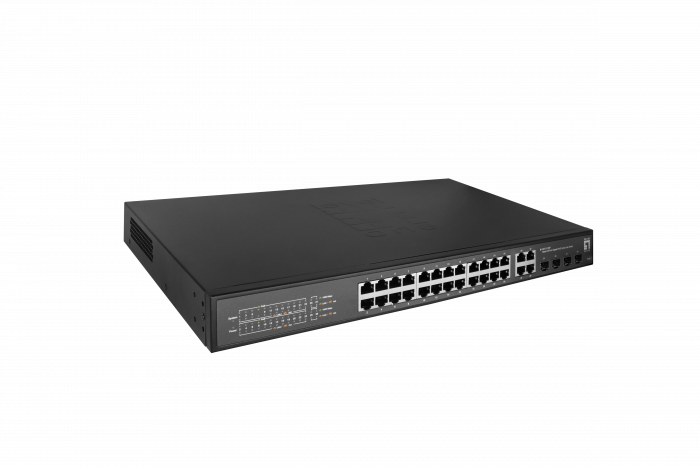 LevelOne GES-2128P  Hilbert 28-Port Gigabit PoE Smart Lite Switch, 24 PoE Outputs, 4 x Gigabit SFP/RJ45 Combo, 802.3at/af PoE, 380W PoE Power Budget , 440 x 290 x 44.5 mm