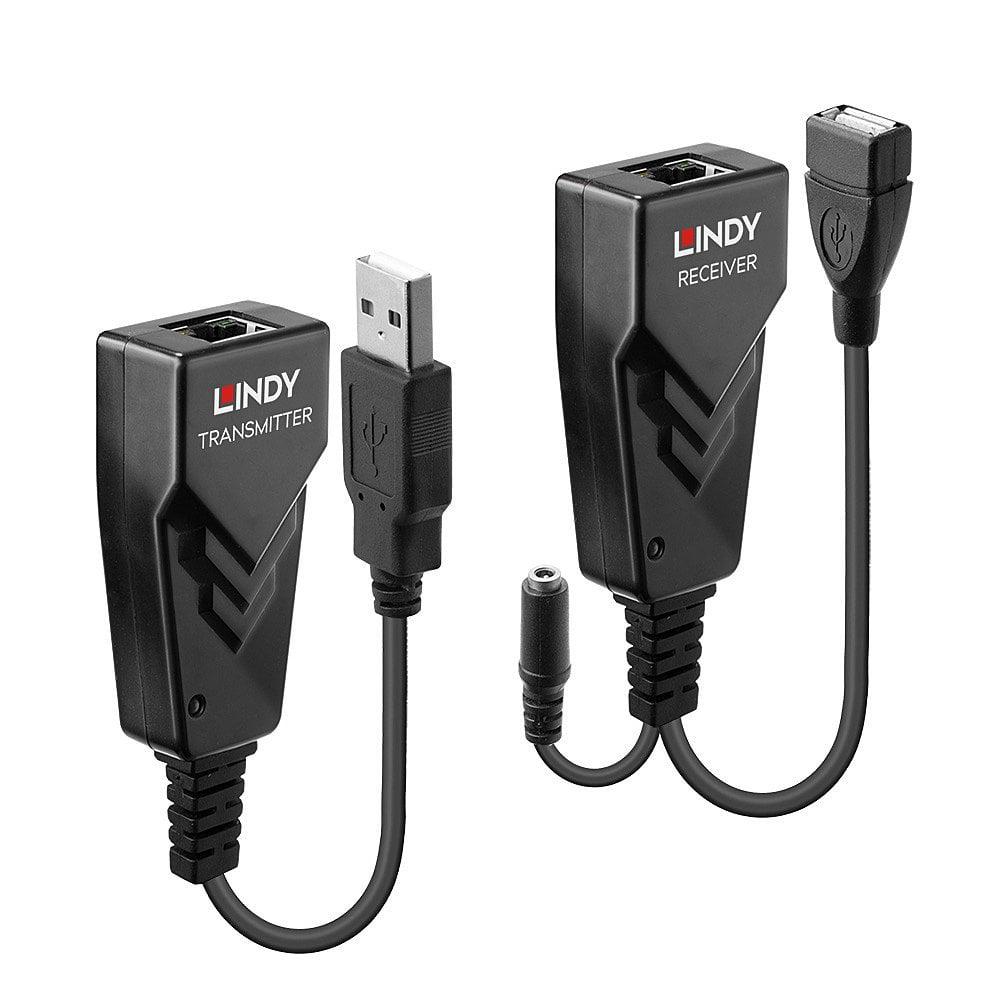 Lindy 100m USB 2.0 Cat.5 Extender  Technical details  Specifications  USB Standard: USB2.0 Supported Bandwidth: 480Mbps Maximum Distance: 100m (328.08ft) Transmission Medium: Cat. 5e UTP network cable Chipset: CH317Q, CH536G Special Features: -   Connectors  Transmitter Input:  USB Type A (Male)