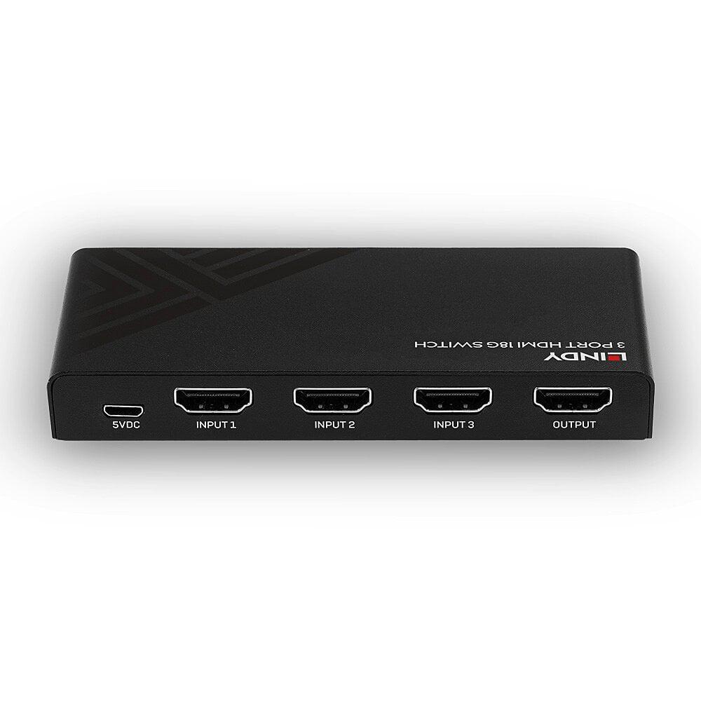 Lindy 3 Port HDMI 18G Switch  Description  Switches between 3 HDMI source devices when connected to a single display Supports 18G resolutions up to 4K@60Hz, with additional support for HDR Flexible control via push button, IR remote and auto-switching Compact, minimalist design to ensure no