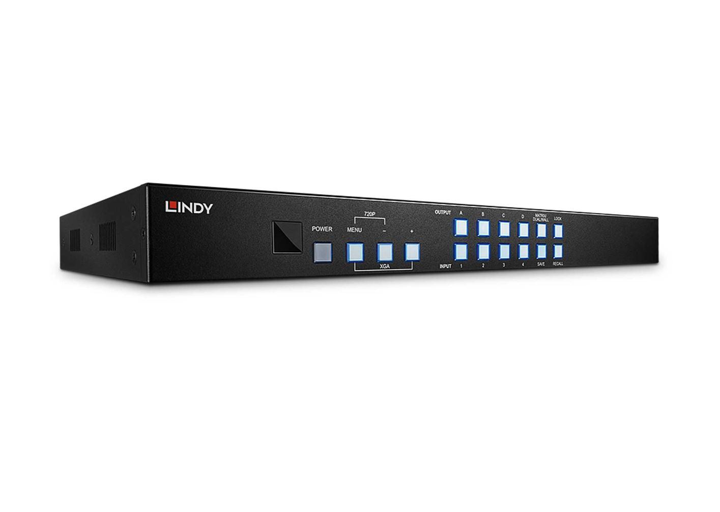 Lindy 4x4 HDMI Matrix Switch with Video Wall Scaling  Technical details  Specifications  AV Interface: HDMI Interface Standard: HDMI 1.3 Supports Bandwidth: 6.75 Gbps Maximum Resolution: 1920x1080@60Hz 4:4:4 12bit HDCP Support: 1.1 Supported Audio: Audio Pass-through IR Support : 20-60kHz CEC