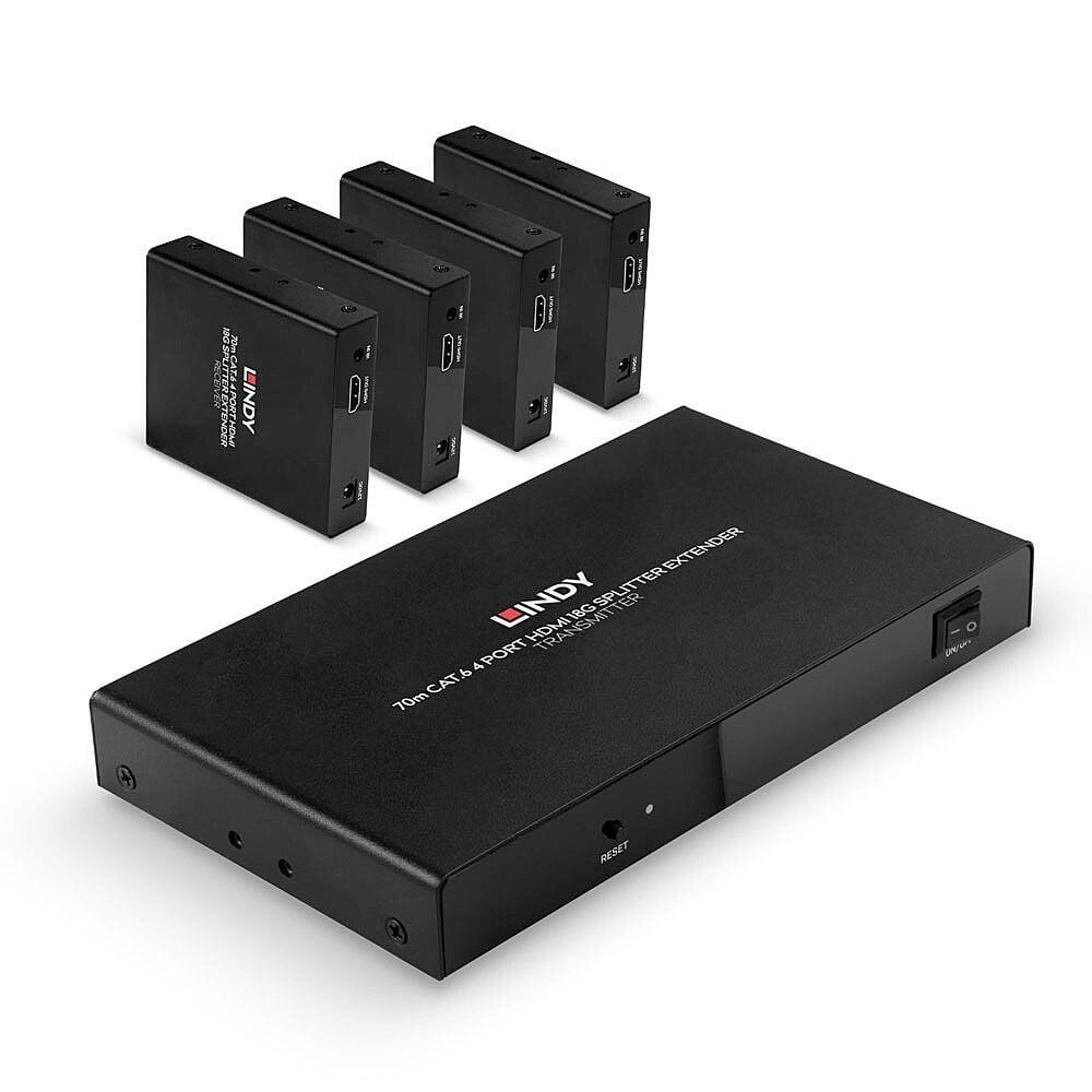 Lindy 70m 4 Port Cat.6 HDMI 4K60 Splitter Extender  Description  Distribute 4K HDMI signals to up to 4 displays in multiple locations Supports resolutions up to 4K@60Hz, with additional support for HDR Features a loop-through HDMI output on the transmitter for local monitoring or cascading for