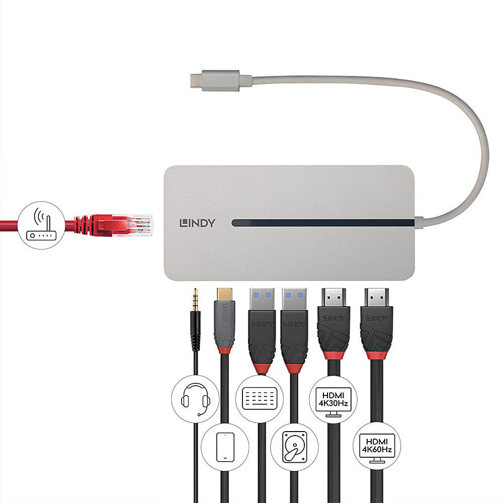 Lindy DST-Mx Duo Mini Docking Station USB Type-C, Dual display (4k), 100W Pass-through charging, rezolutie single display 4k@60, rezolutie dual display 4k@60 + 4k@30, 2x USB Type A, 1x USB-C (PD & Data), 2x HDMI, 1x RJ45, 2x Card reader (microSD & SD), 1x 3.5mm audio jack