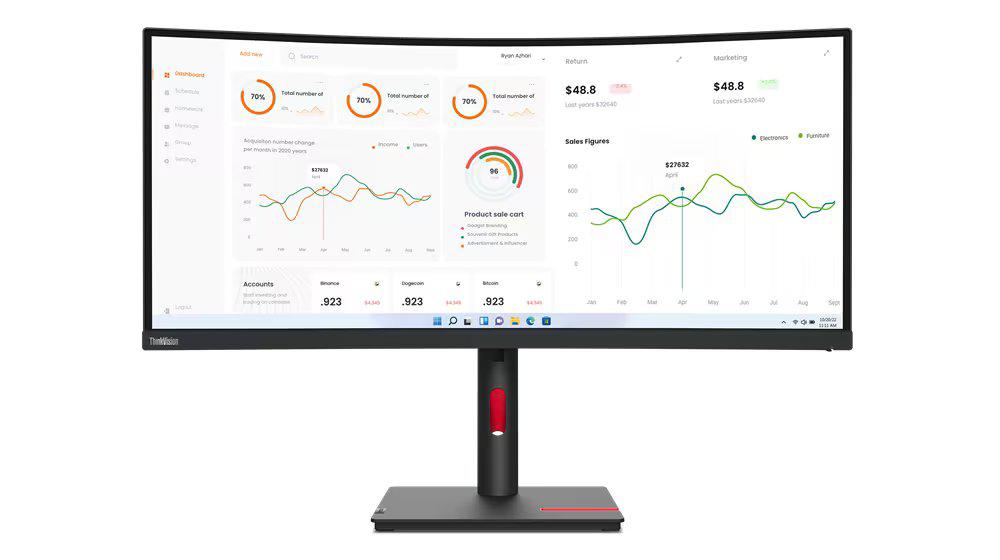 Monitor Lenovo ThinkVision T34w-30, 34" (3440x1440) WLED, Anti-glare, Curvature: 1500R, Speakers: Modular Soundbar Support, View Angle (H / V): 178° / 178°, Response Time: 4 ms (Extreme mode) / 6 ms (Typical mode), Color Support: 16.7 Million, Refresh Rate: 60Hz, Brightness: 350 nits, Contrast