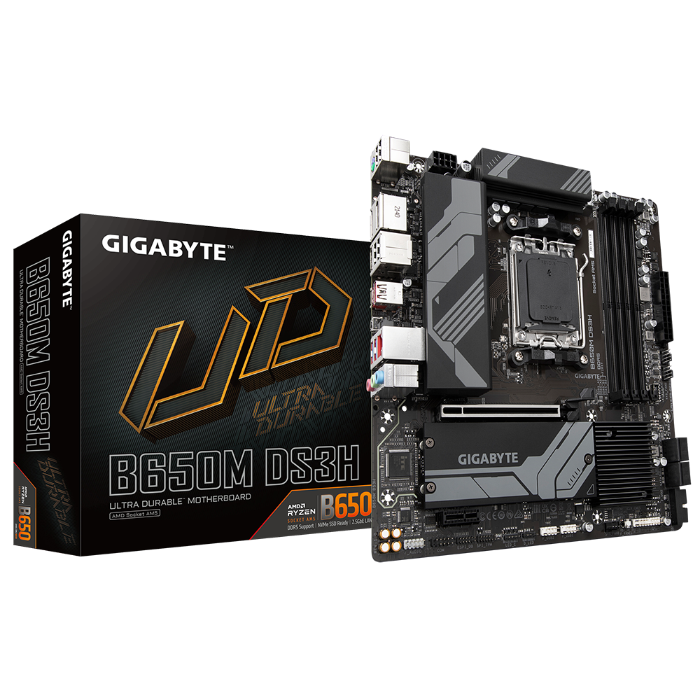Placa de baza Gigabyte B650M DS3H AM5  AMD Socket AM5：Supports AMD Ryzen™ 7000 Series Processors Unparalleled Performance：Direct 6+2+1 Phases Digital VRM Solution Dual Channel DDR5：4*SMD DIMMs with AMD EXPO™ & Intel® XMP Memory Module Support SuperSpeed Storage：2*PCIe 4.0 x4 M.2 Connectors Advanced