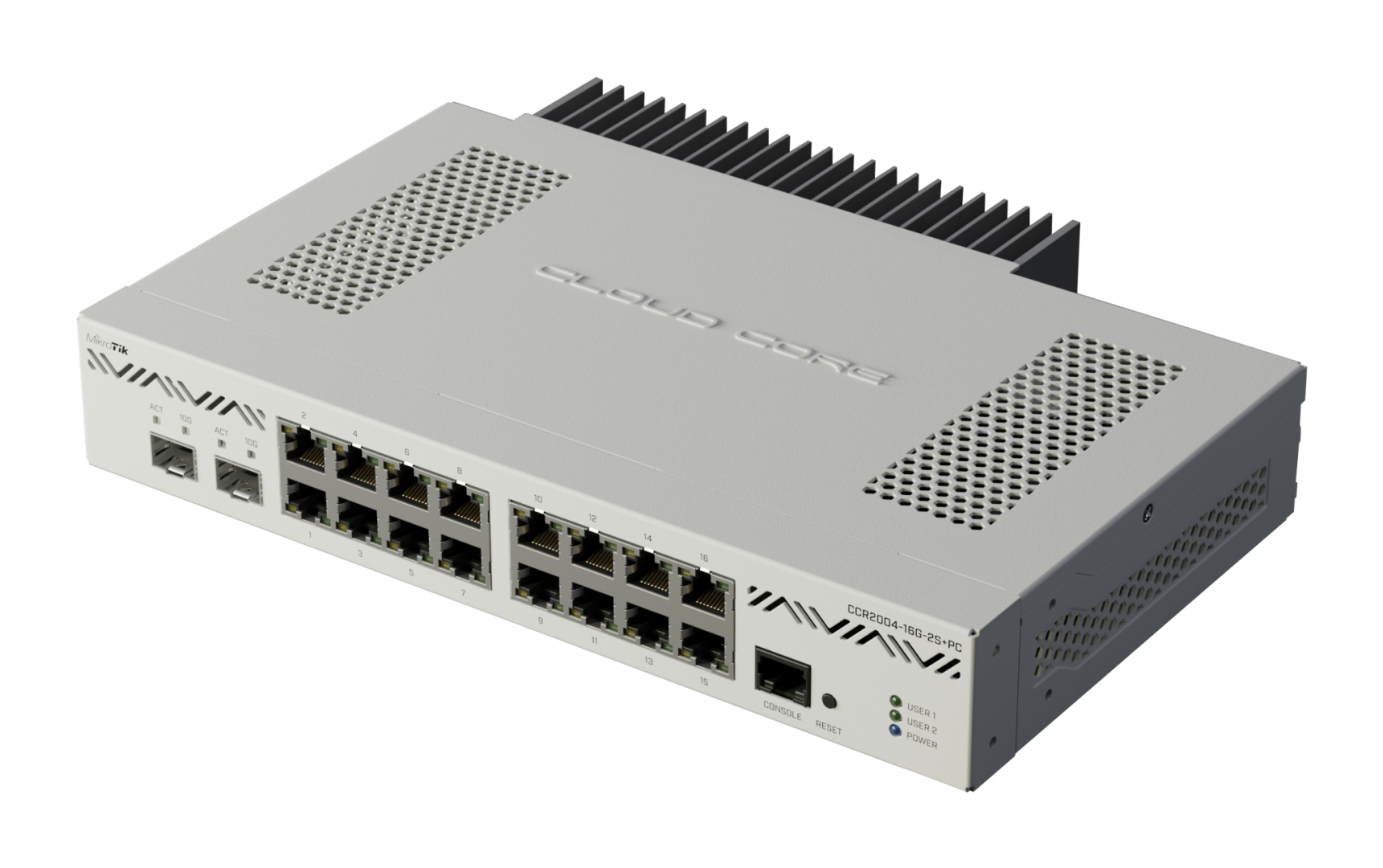 MIKROTIK ETHERNET ROUTER CCR2004-16G-2S+PC, 16 X 10/100/1000, 2XSFP+ Ports, CPU: AL32400 1200Mhz, Dimensiuni: 272 x 195 x 44 mm, Sistem operare:RouterOS v7, 4GB RAM, 128 MB NAND, IP20.