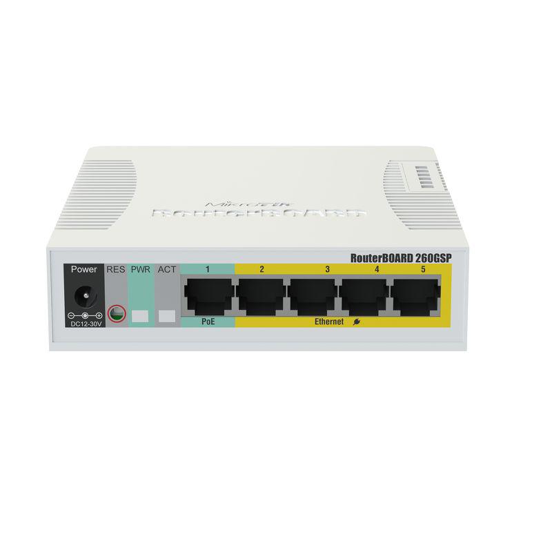 Mikrotik SOHO switch routerboard, RB260GSP, Flash Storage: 128 KB, PoEin: Passive, PoE out: Passive, 5* 10/100/1000 Ethernet ports, SFP DDMI,1* SFP ports