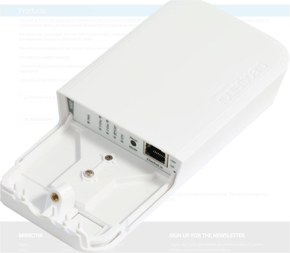 Mikrotik wAP ac black edition weatherproof wireless access point ,RBwAPG-5HacT2HnD-BE, 1* 10/100/1000 Ethernet ports, 1* CPU core count,CPU nominal frequency: 720 MHz, RAM: 64 MB, Flash Storage: 16 MB, PoEin: 802.3af/at, 2* Wireless 2.4 GHz number of chains, 802.11 b/g/n, 2*Antenna gain dBi for 2.4