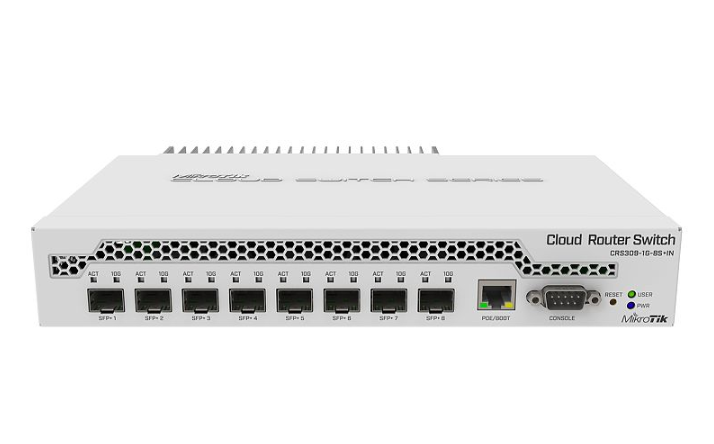 MIKROTIK ETHERNET SW 8P SFP+, CRS309-1G-8S+IN, Procesor: 98DX8208 Dual core, 800 MHz, Dimensiuni:  141 x 115 x 28 mm, RouterOS / SwitchOS, Memorie: 512Mb RAM, Stocare: 16MB Flash, PoE in: 802.3af/at, Interfata: 8 x 10/100/1000 SFP+, Port consolă: RS-232, Capacitate switch: 162 Gbit/s.