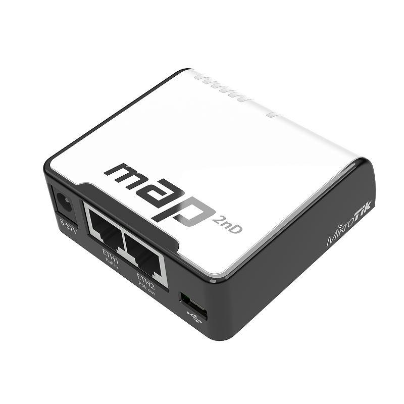 Miktrotik Micro Access Point, RBMAP2ND; wireless Dual-Chain 2.4GHzAccess Point with full RouterOS capabilities; 1* CPU core count; CPUnominal frequency: 650 MHz; Size of RAM: 64 MB; Flash Storage size: 16MB; 2* Wireless 2.4 GHz number of chains; Wireless 2.4 GHz s tandards:802.11b/g/n; Antenna gain