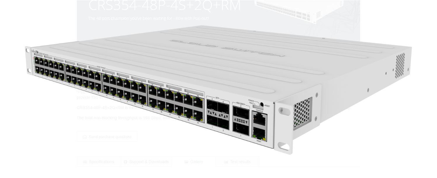 SWITCH MIKROTIK CRS354-48P-4S+2Q+RM, 48xLAN Gigabit, 4xSFP, 2x40G QSFP, POE 700W 802.3af/at, Procesor: 650 MHz, Ram: 64Mb, IP20.