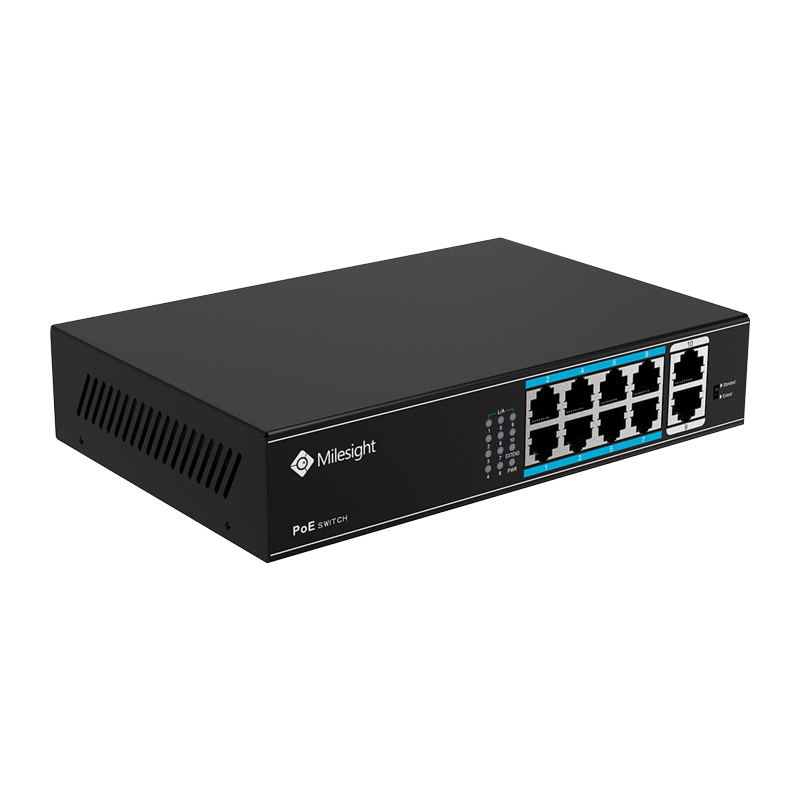 POE Switch Milesight 8 Porturi POE MS-S0208-EL, Porturi: 8 × 10/100 Mbps PoE ports (RJ45),2 × 1000 Mbps uplink ports, Alimentare: Built-in switching power supply AC 100~240 V, 50-60 Hz, 2.2 A; Standard POE: IEEE802.3af/at; Buget POE: max. 120W, max 30W per port, Temperatura de functionare:-20℃~55℃