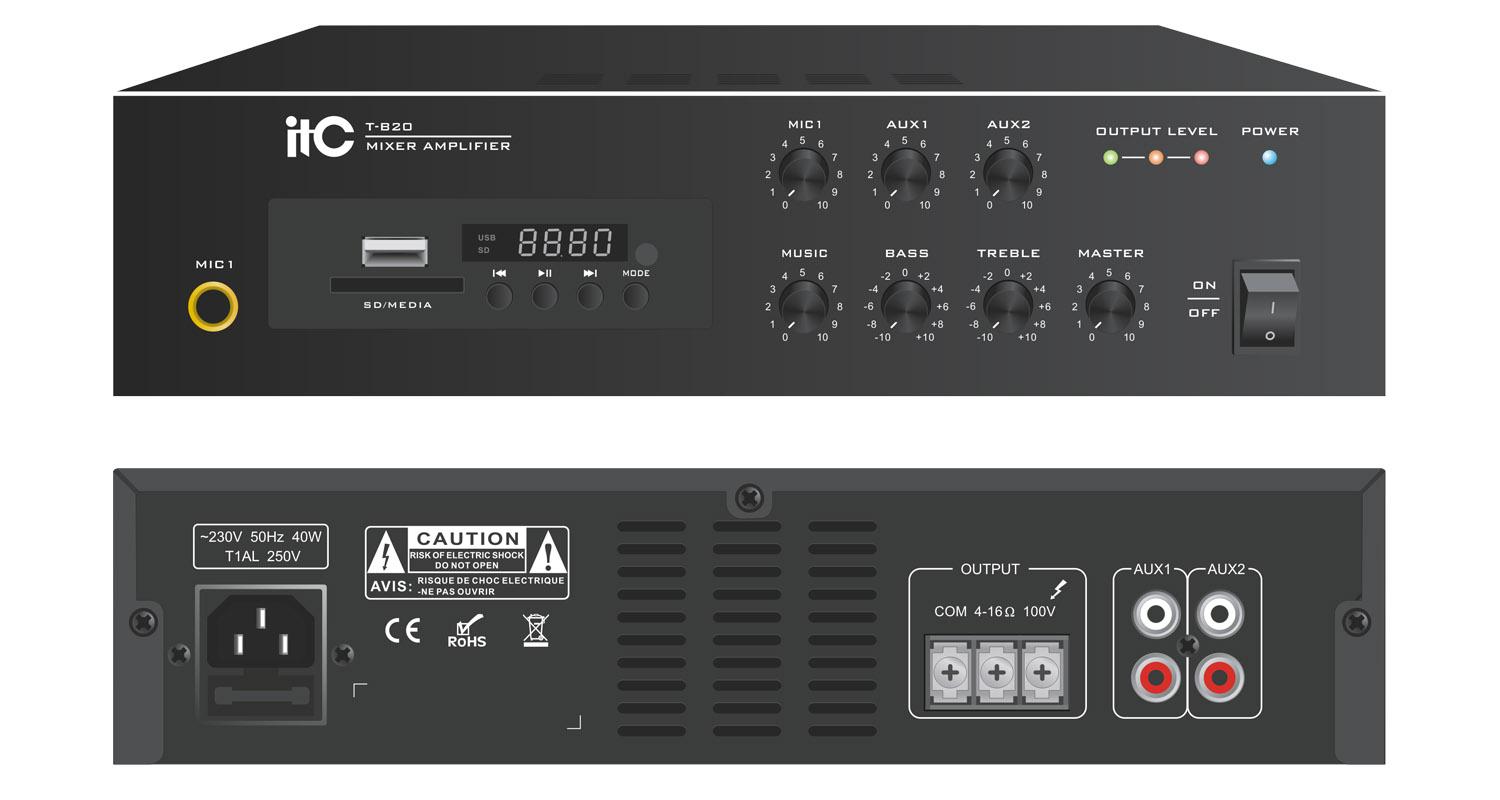 Mixer amplificator ITC T-B60, pentru sisteme de Public Address (PA), putere 60W @100V, 4 x iesiri 4～16Ω/100V, 1 x iesire microfon cu volum independent; redare automata a muzicii in format MP3; functie de memorie - oprire; protectie la scurtcircuit, supraincarcare; ecran LCD; suporta card TF
