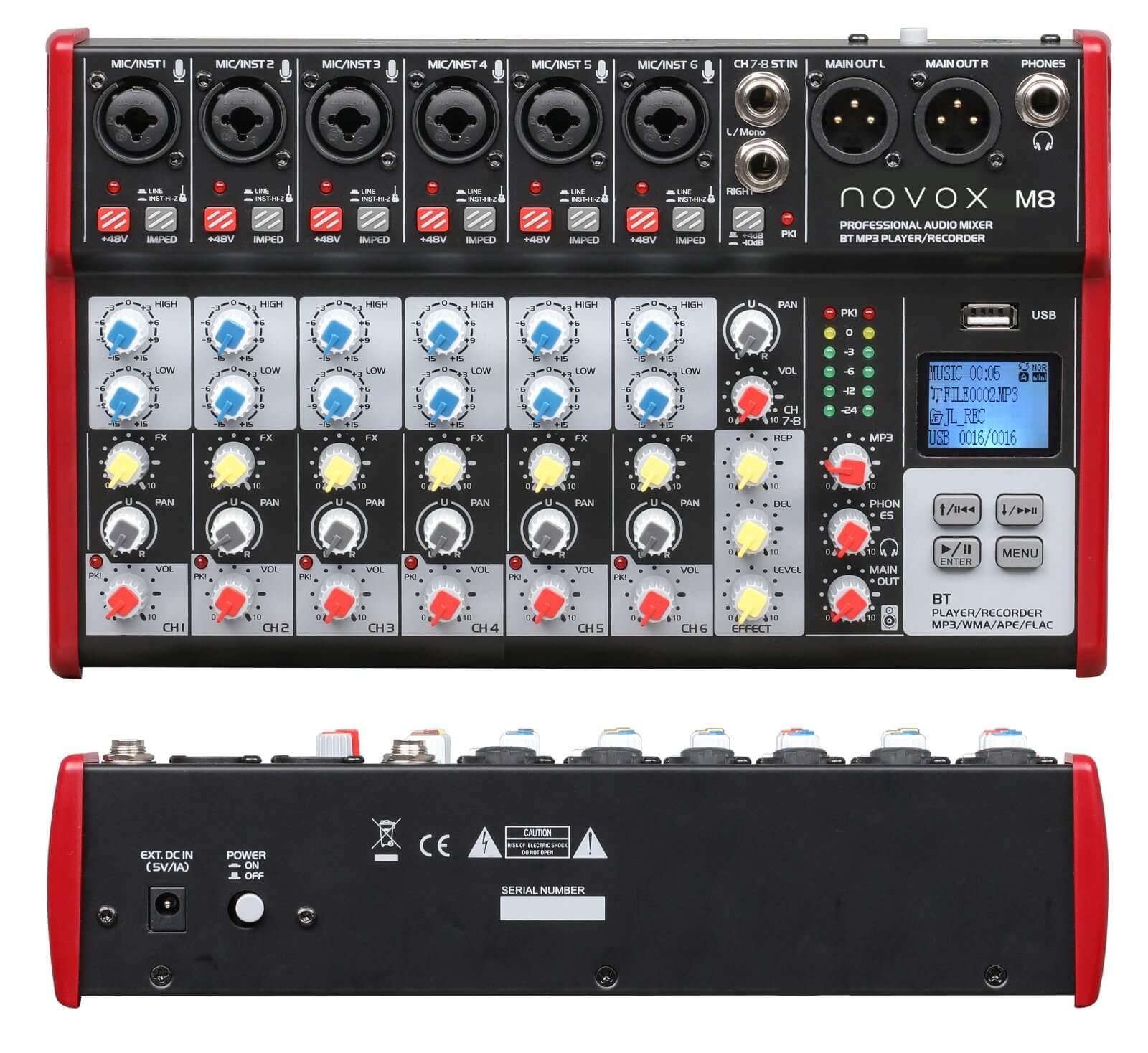 Mixer analogic 8 canale Novox M8 Mk2 BT, Player MP3 /USB /Bluetooth, (6 mono mic / line + 1 stereo)