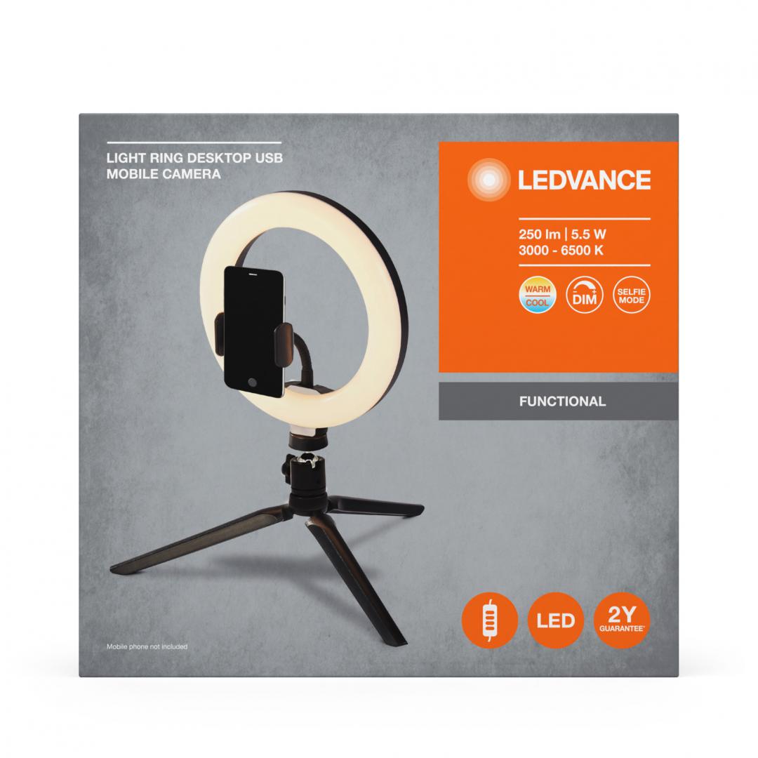 Lampa LED circulara portabila Ledvance Selfie RING, 5.5W, 250 lm, lumina alba (3000-6500K), dimabila, 1xCR2032, telecomanda, IP20, Ø200mm, Negru