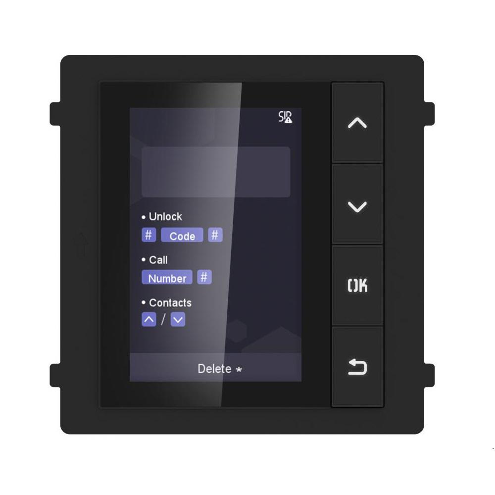 Modul de afisare pentru videointerfon modular Hikvision DS-KD-DIS; ecran LCD 3.5 inch, rezolutie 320x480P; 4 butoane de operare; memorie pentru 500 de contacte; apelare din lista de contacte; deschidere usa cu Pin cu ajutorul modului de tastatura( nu este inclus); montare aplicata sau ingropata