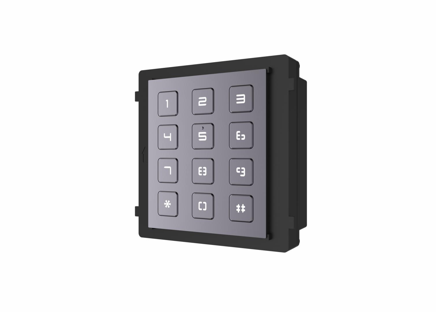 Modul de extensie videointerfon cu tastatura Hikvision DS-KD-KP; permite formarea codului de apartament sau a codului de acces; montajaplicat sau ingropat (accesoriile de montaj nu sunt incluse); iluminarepe timp de noapte; Protectie: IP65, IK7; Dimensiuni: 98.5 mm × 100 mm ×34.2 mm; Temperatura de