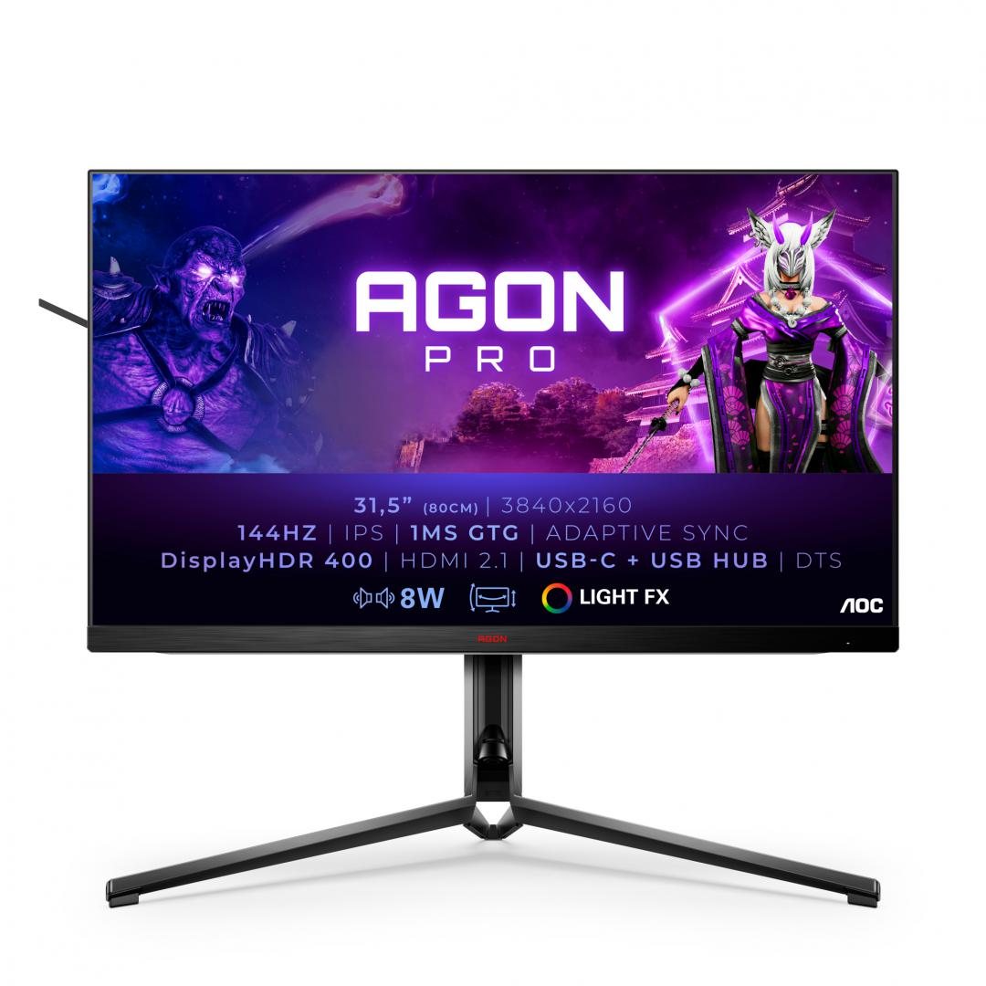 MONITOR AOC AG324UX 31.5 inch, Panel Type: IPS, Backlight: WLED, Resolution: 3840x2160, Aspect Ratio: 16:9,  Refresh Rate:144Hz, Response time GtG: 1ms, Brightness: 350 cd/m², Contrast (static): 1000:1, Contrast (dynamic): 80M:1, Viewing angle: 178º(R/L), 178º(U/D), Color Gamut (NTSC/sRGB/Adobe
