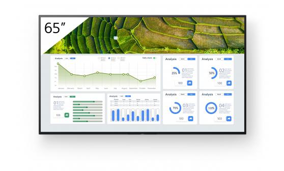 Monitor Signage Sony BZ30L, 65", UHD, 24/7, 440nit, panel IPS, Direct LED, 8ms, contrast static 1200:1, contrast dinamic 300000:1, mătuire 1%, Android 10, stocare 16GB. Miracast, Chromecast built-in, AirPlay, Apple HomeKit, Google Play Store. Conectivitate: WiFi (2.4GHz, 5GHz), BT4.2, 1xComposit
