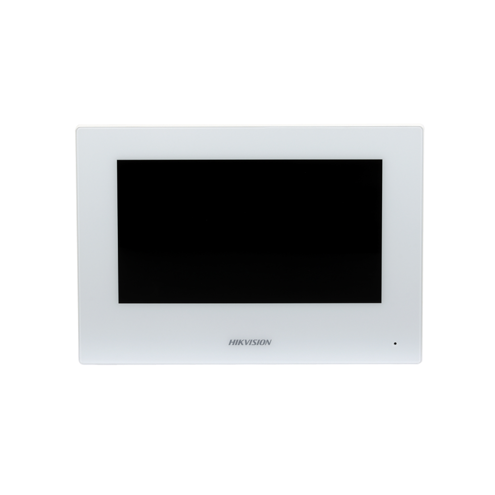 Monitor videointerfon WIFI 7inch color Hikvision DS-KH6320-WTE2-W; conectare pe 2 fire, carcasa de culoare alba, ecran LCD 7 color cu touch screen, rezolutie ecran 1024 x 600; design modern; conectivitate: Wi-Fi 802.11b/g/n;  TCP/IP, SIP, RTSP; RS-485,  comunicare audio video bidirectionala