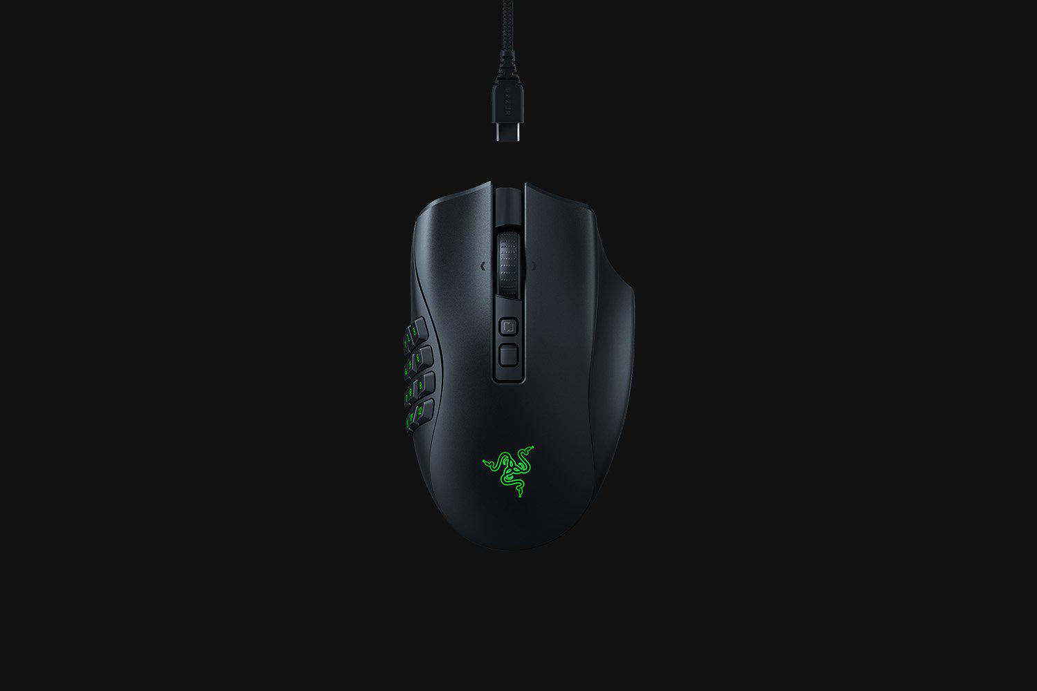 Mouse Razer Naga V2 PRO  Connectivity       Razer HyperSpeed Wireless (2.4GHz)     Bluetooth     Wired – Speedflex Cable USB Type C  Battery Life       Up to 150 hours (on HyperSpeed Wireless)     Up to 300 hours (on Bluetooth)  RGB Lighting  Razer Chroma RGB (Logo, and 12 button side plate) Sensor